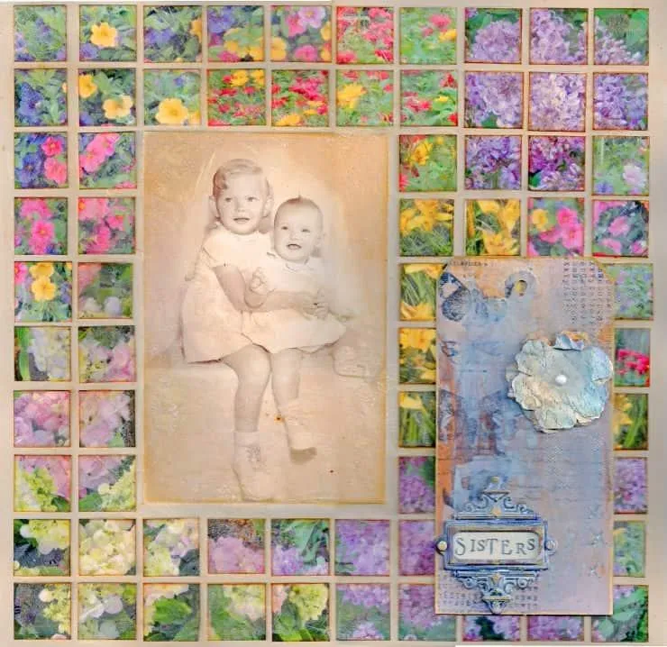 Scrapbook layout with colorful background and a sepia photo